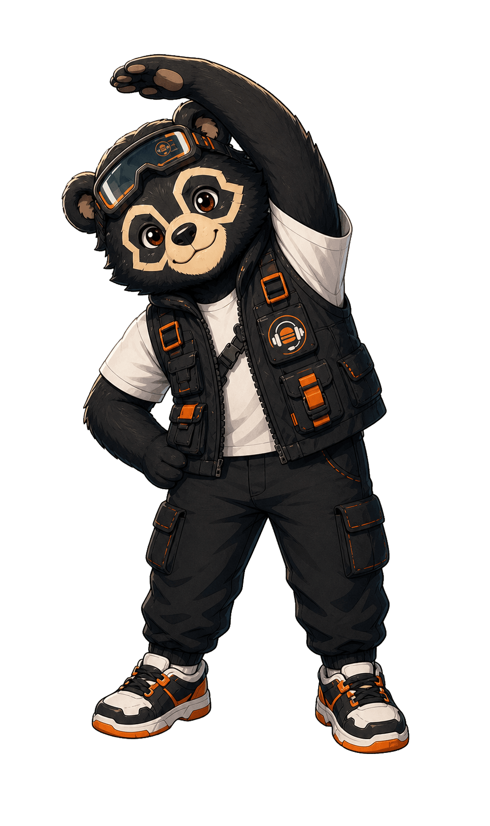 Giga, the GameLiftEat bear, stretching one arm overhead