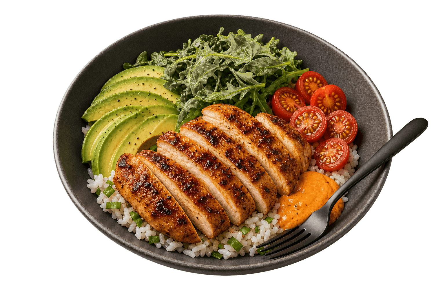 A practical bowl with chicken, rice, avocado, greens, and tomatoes