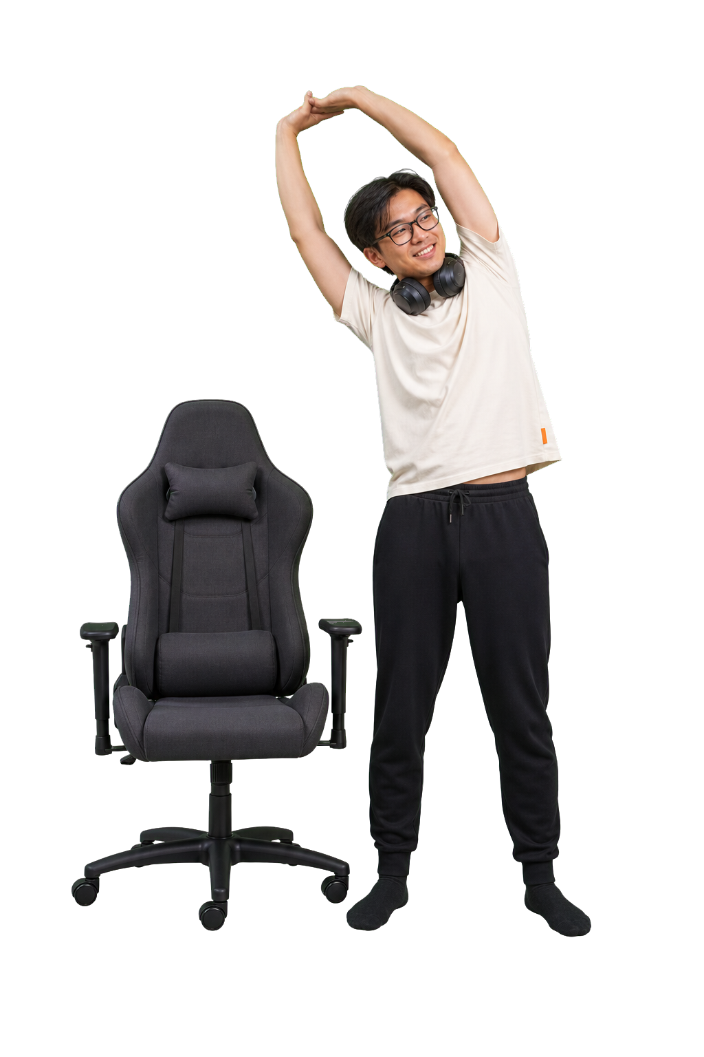 A gamer taking a gentle stretch beside a gaming chair