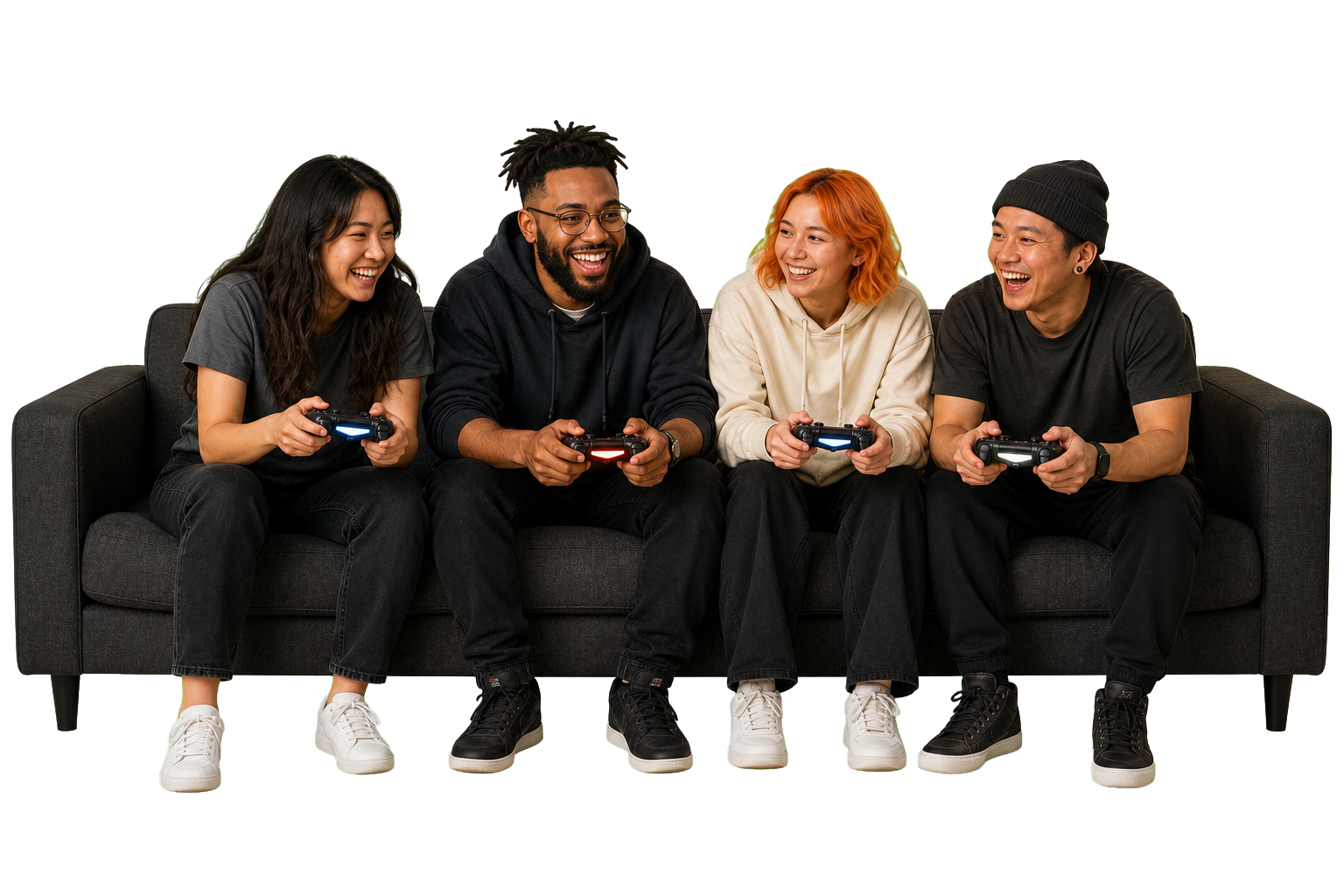 Four friends playing games together on a couch