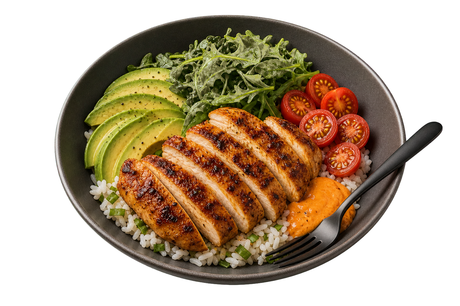 A practical bowl with chicken, rice, avocado, greens, and tomatoes
