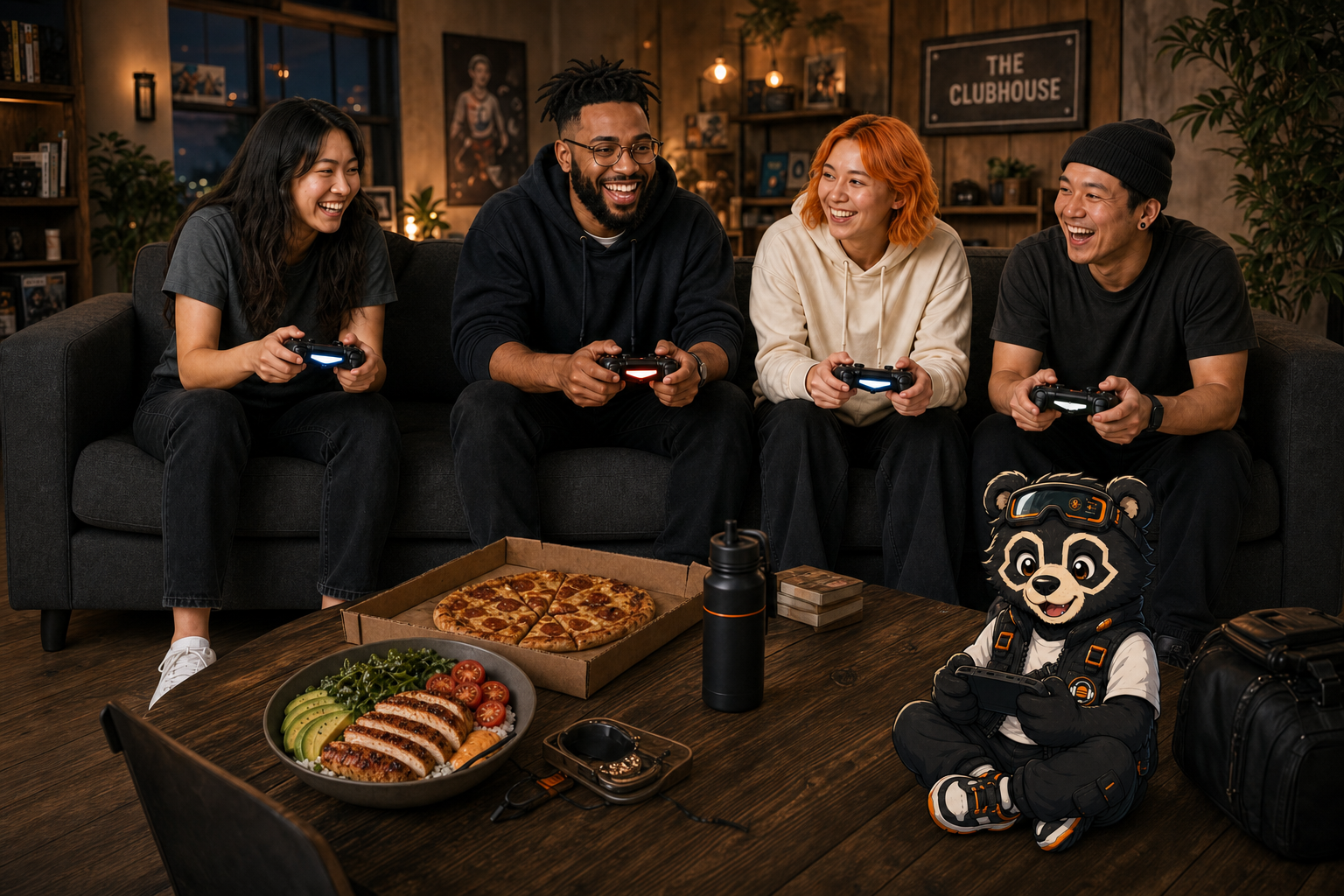 Four friends playing games together in the GameLiftEat clubhouse with Giga nearby